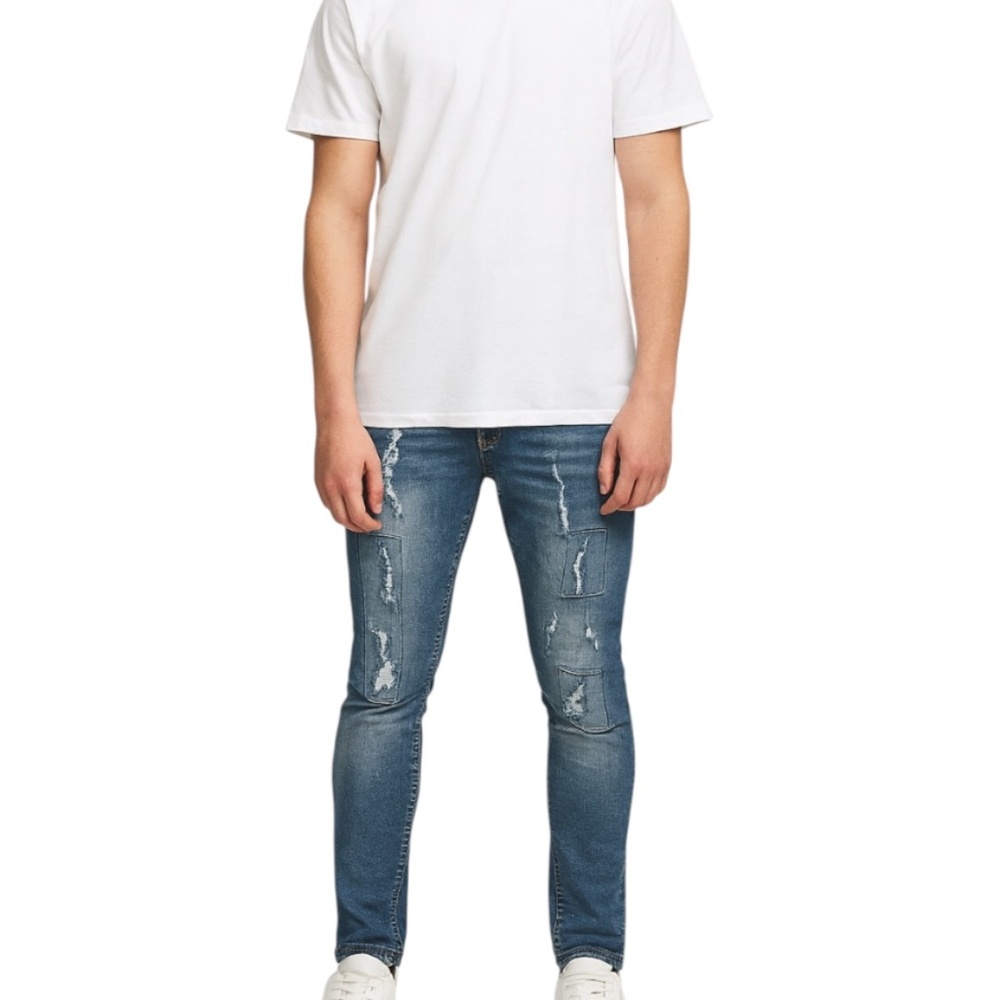 Encrypted Mens Blue Jeans Size 38X32 Distressed Streetwear Patches 3% Spandex